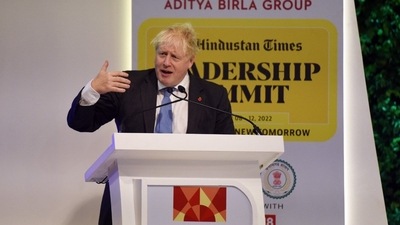 The opening speaker for the day was former UK Prime Minister Boris Johnson. Boris started his speech by making predictions - Vladimir Putin, will lose the war with Ukraine, and the war will "severely weaken Russia and greatly strengthen China." (HT Photo/Sanchit Khanna)