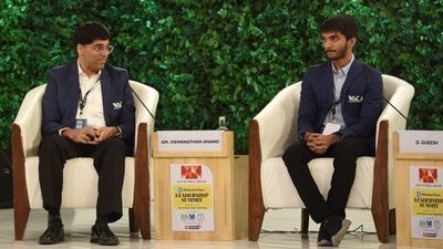Viswanathan Anand and Dommaraju Gukesh, two generations of chess greatness took over the stage. Gukesh talked about joining Anand's VACA and said that, "Anand sir was my role model and the reason I got into chess. I was super happy to be able to discuss chess with him regularly and the other coaches. Guys like Guyavsky were also there so I was just very excited. I can't really explain how much I have learnt from all the classes." (HT Photo/Ravi Kumar)