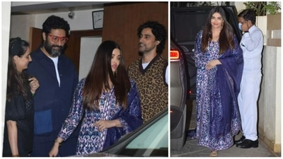 Naina Bachchan, Abhishek Bachchan, Aishwarya Rai and Kunal Kapoor at Sonali Bendre's house on Friday. (Yogen Shah)