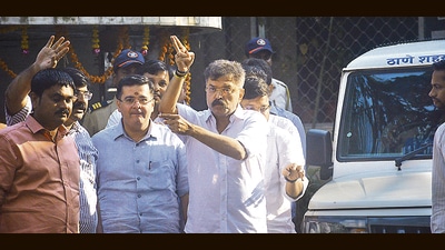 Thane, India - November 12, 2022: Former minister and NCP MLA Jitendra Awhad, who was arrested on Friday in the "Har Har Mahadev" Marathi film shutdown case, comes out of Thane Court after granted bail on a bond of Rs.15,000, in Thane, Mumbai, India, on Saturday, November 12, 2022. (Praful Gangurde/HT Photo) (HT PHOTO) Thane, India - November 12, 2022: Former minister and NCP MLA Jitendra Awhad, who was arrested on Friday in the "Har Har Mahadev" Marathi film shutdown case, comes out of Thane Court after granted bail on a bond of Rs.15,000, in Thane, Mumbai, India, on Saturday, November 12, 2022. (Praful Gangurde/HT Photo) (HT PHOTO)