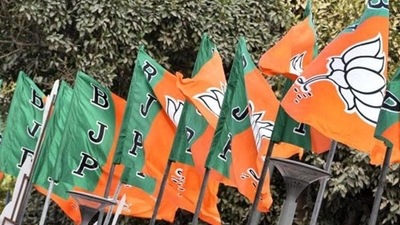 BJP flags at the party headquarter in New Delhi. (HT File Photo) BJP flags at the party headquarter in New Delhi. (HT File Photo)