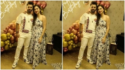 The first picture in the post shows Disha flaunting the printed one-shoulder dress she wore for the birthday celebrations, the second shows her hugging Rahul as he gazes lovingly at her, and the third shows the couple posing for the camera.  (Instagram)