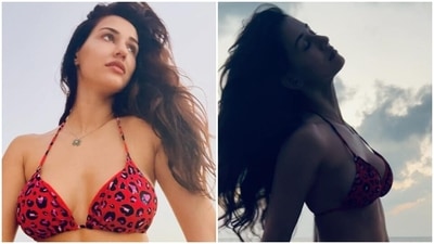 Disha Patani stuns in a sultry red printed bikini for new photoshoot. (Instagram) Disha Patani stuns in a sultry red printed bikini for new photoshoot. (Instagram)