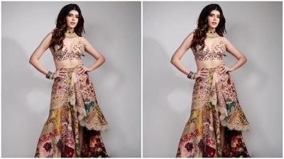 Sanjana played muse to fashion designer house Varun Bahl Couture and picked a stunning lehenga from the sheves of the designer house.  (Instagram/@sanjanasanghi96)