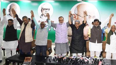 The Grand Alliance press conference in Patna on Saturday. (Santosh Kumar?HT) The Grand Alliance press conference in Patna on Saturday. (Santosh Kumar?HT)