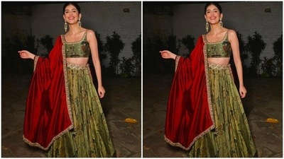 Sanjana's green lehenga came with multicoloured patterns and golden zari details at the borders. She teamed it with a contrasting bright red dupatta and stole the limelight.  (Instagram/@sanjanasanghi96)