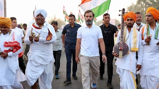 Congress leader Rahul Gandhi leads the party's Bharat Jodo Yatra, in Hingoli on Saturday. (ANI Photo)(Congress twitter) Congress leader Rahul Gandhi leads the party's Bharat Jodo Yatra, in Hingoli on Saturday. (ANI Photo)(Congress twitter)