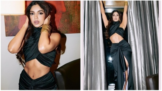Bhumi Pednekar takes the glam quotient to a whole new level with her latest red-carpet look in a halter cut-out gown featuring a thigh-high slit.(Instagram/@bhumipednekar)