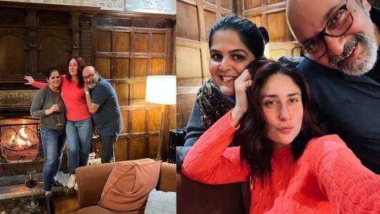 Kareena Kapoor pouts a she poses for pictures with her team. The actor is filming in London. 