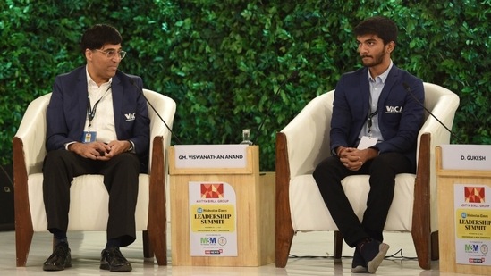 Viswanathan Anand and Dommaraju Gukesh, two generations of chess greatness took over the stage. Gukesh talked about joining Anand's VACA and said that, "Anand sir was my role model and the reason I got into chess. I was super happy to be able to discuss chess with him regularly and the other coaches. Guys like Guyavsky were also there so I was just very excited. I can't really explain how much I have learnt from all the classes."(HT Photo/Ravi Kumar)