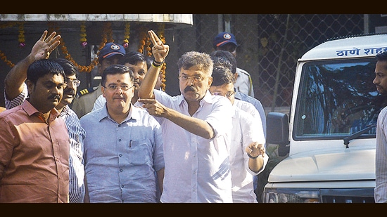 Thane, India - November 12, 2022: Former minister and NCP MLA Jitendra Awhad, who was arrested on Friday in the "Har Har Mahadev" Marathi film shutdown case, comes out of Thane Court after granted bail on a bond of Rs.15,000, in Thane, Mumbai, India, on Saturday, November 12, 2022. (Praful Gangurde/HT Photo) (HT PHOTO)