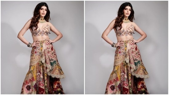 Sanjana played muse to fashion designer house Varun Bahl Couture and picked a stunning lehenga from the sheves of the designer house. (Instagram/@sanjanasanghi96)