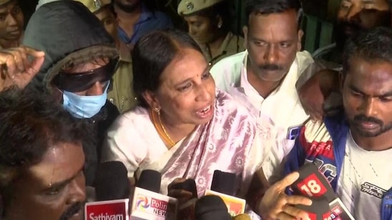 Nalini Sriharan, one of six convicts in Rajiv Gandhi assassination case, speaks to media persons after release from jail. (ANI)