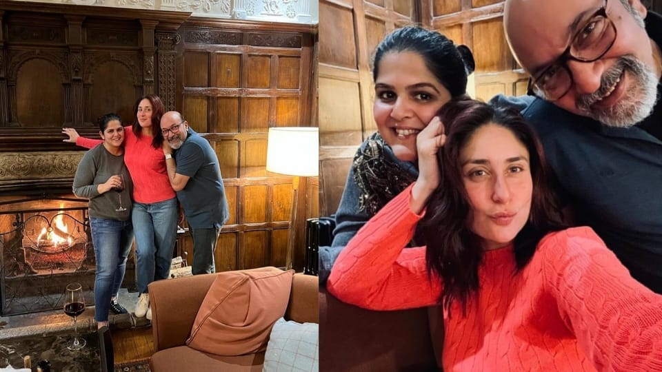 Kareena Kapoor pouts a she poses for pictures with her team. The actor is filming in London. Kareena Kapoor pouts a she poses for pictures with her team. The actor is filming in London.