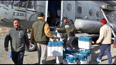 EVMs and VVPATs being carried to strongroom via Air Force Helicopter from Lahaul Spiti after the Himachal Pradesh Assembly elections on Sunday. (ANI)