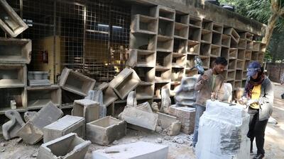The collapsed portion of the wall at the Chandigarh art college on Sunday. (HT Photo) The collapsed portion of the wall at the Chandigarh art college on Sunday. (HT Photo)