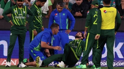 Shaheen Afridi had to limp off after bowling one ball in the 17th over, having sustained an injury while taking a catch earlier. (AP) Shaheen Afridi had to limp off after bowling one ball in the 17th over, having sustained an injury while taking a catch earlier. (AP)
