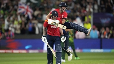 England's Ben Stokes, left, and teammate Liam Livingstone celebrate their win against Pakistan in the final (AP) England's Ben Stokes, left, and teammate Liam Livingstone celebrate their win against Pakistan in the final (AP)