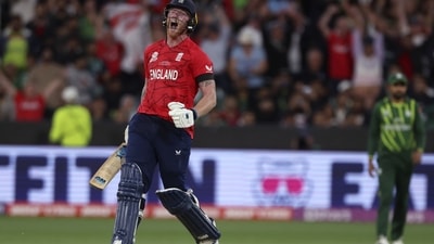 England's Ben Stokes celebrates hitting the winning runs against Pakistan during the final of the T20 World Cup tournament at the Melbourne Cricket Ground in Melbourne. (AP) England's Ben Stokes celebrates hitting the winning runs against Pakistan during the final of the T20 World Cup tournament at the Melbourne Cricket Ground in Melbourne. (AP)