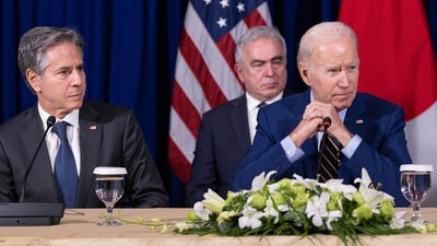 US President Joe Biden next to US Secretary of State Antony Blinken (L) during a trilateral meeting with Japanese Prime Minister Fumio Kishida and South Korean President Yoon Suk-yeol on the sidelines of the East Asia Summit during the 40th and 41st Association of Southeast Asian Nations (ASEAN) Summits in Phnom Penh on November 13.
