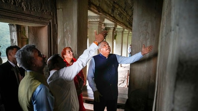 Vice President Jagdeep Dhankhar with his wife Sudesh Dhankhar and external affairs minister S. Jaishankar looks at stone carvings based on Indian mythological stories during visit to the Angkor Wat temple at Angkor Archaeological Park, in Siem Reap, Cambodia, November 13. (PTI) Vice President Jagdeep Dhankhar with his wife Sudesh Dhankhar and external affairs minister S. Jaishankar looks at stone carvings based on Indian mythological stories during visit to the Angkor Wat temple at Angkor Archaeological Park, in Siem Reap, Cambodia, November 13. (PTI)