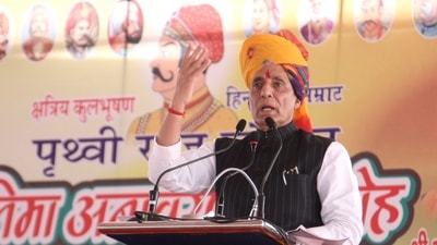 Rajnath Singh addressing an event in Haryana's Jhajjar. (Twitter) Rajnath Singh addressing an event in Haryana's Jhajjar. (Twitter)