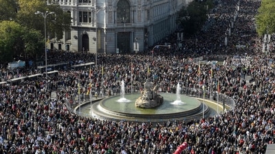 Hundreds of thousands of protesters march during a demonstration called by citizens under the slogan "Madrid stands up for its public health in Madrid on November 13. (AFP)