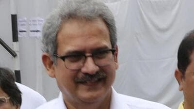 Nagpur, India - July 5, 2018: Shiv Sena candidates Manisha Kayande (C) along with party MP Anil Desai and Maharashtra Industries Minister Subhash Desai after files nomination papers for Member of Legislative Council (MLC) elections outside the Vidhan Bhawan during the second day of Monsoon session of Maharashtra Assembly in Nagpur on Thursday. Photo by Sunny Shende
