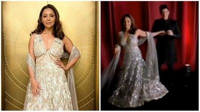Gauri Khan danced with Manish Malhotra on stage at a wedding. Gauri Khan danced with Manish Malhotra on stage at a wedding.
