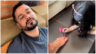 Inaaya Naumi Kemmu painted Kunal Kemmu's toenails while he took a nap. Inaaya Naumi Kemmu painted Kunal Kemmu's toenails while he took a nap.