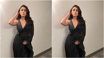 Mrunal’s saree diaries are droolworthy. A few days back, the actor decked up in a sheer black silk saree and posed for a photoshoot. (Instagram/@mrunalthakur) Mrunal’s saree diaries are droolworthy. A few days back, the actor decked up in a sheer black silk saree and posed for a photoshoot. (Instagram/@mrunalthakur)