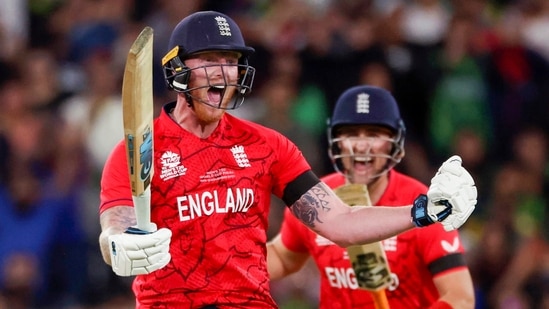 England's Ben Stokes, left, celebrates hitting the winning runs against Pakistan during the final of the T20 World Cup (AP)