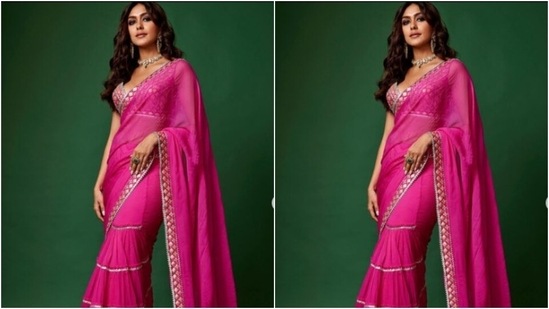 Mrunal played muse to fashion designer Gopi Vaid and picked a stunning ethnic ensemble for the pictures. (Instagram/@mrunalthakur)