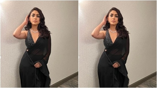 Mrunal’s saree diaries are droolworthy. A few days back, the actor decked up in a sheer black silk saree and posed for a photoshoot. (Instagram/@mrunalthakur)