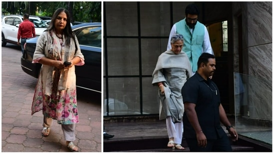 Shabana Azmi, Abhishek Bachchan and Jaya Bachchan at Rakesh Kumar's prayer meet. (Varinder Chawla)