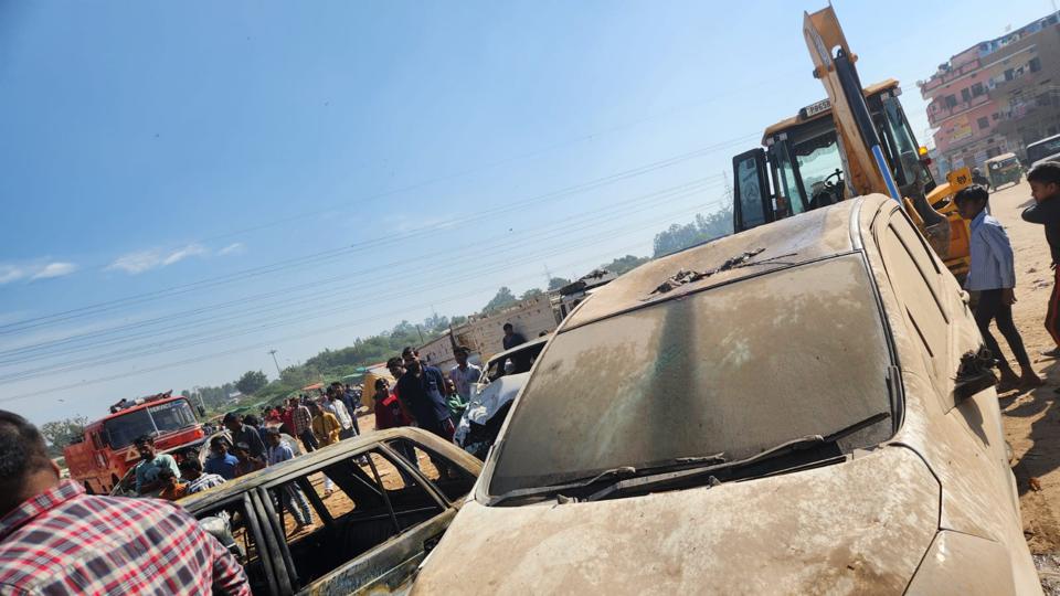 The damaged cars in Mohali’s Balongi on Sunday. (HT Photo) The damaged cars in Mohali’s Balongi on Sunday. (HT Photo)