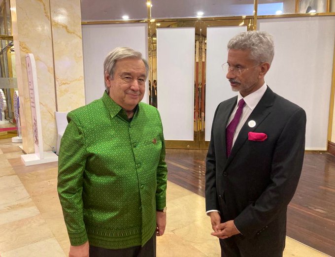 External Affairs Minister S Jaishankar (Right) with UNSG Antonio Guterres at ASEAN Summit in Combodia's Phnom Penh. (Source: Twitter/@DrSJaishankar) External Affairs Minister S Jaishankar (Right) with UNSG Antonio Guterres at ASEAN Summit in Combodia's Phnom Penh. (Source: Twitter/@DrSJaishankar)