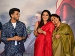 Salaam Venky lead actor Vishal Jethwa looks on as Kajol shares a moment with director Revathi. It will release in theatres on December 9. The film is based on Shrikant Murthy's book The Last Hurrah. (Varinder Chawla)