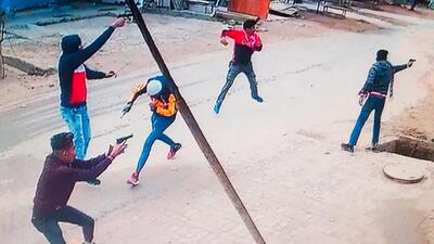 A CCTV grab of five of the six shooters targeting Dera Sacha Sauda follower Pardeep Singh in Kotkapura on November 10. After the crime, the six accused fled on two motorcycles before shifting to two cars at Bajakhana and fleeing to Patiala. (HT file photo)