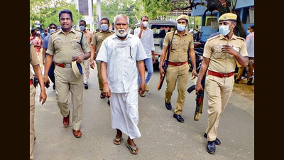 Santhan, one of the convicts of the Rajiv Gandhi assassination case, in Tamil Nadu’s Vellore district. (PTI)