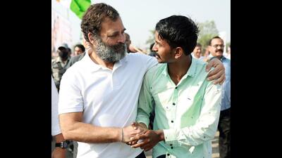 Congress leader Rahul Gandhi interacts with a padayatri during the party’s Bharat Jodo Yatra, in Hingoli on Monday. (ANI Photo) Congress leader Rahul Gandhi interacts with a padayatri during the party’s Bharat Jodo Yatra, in Hingoli on Monday. (ANI Photo)