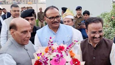 Defence minister Rajnath Singh with deputy chief minister Brajesh Pathak in Lucknow on Monday. (HT PHOTO) Defence minister Rajnath Singh with deputy chief minister Brajesh Pathak in Lucknow on Monday. (HT PHOTO)