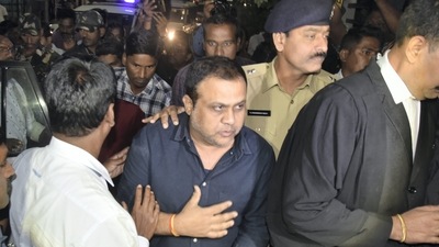 Nanda Kumar, accused in TRS MLAs poaching case, being produced before the Anti-Corruption Bureau (ACB) court judge G. Rajagopal at his residence in Hyderabad, Saturday. (PTI) Nanda Kumar, accused in TRS MLAs poaching case, being produced before the Anti-Corruption Bureau (ACB) court judge G. Rajagopal at his residence in Hyderabad, Saturday. (PTI)
