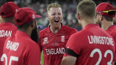 England's Ben Stokes, center, celebrates with teammates after their win against Pakistan in the final of the T20 World Cup (AP) England's Ben Stokes, center, celebrates with teammates after their win against Pakistan in the final of the T20 World Cup (AP)