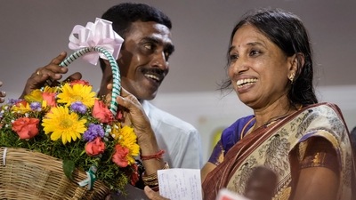 Nalini Sriharan, one of the convicts in the Rajiv Gandhi assassination case, during a press conference, a day after she was released from the prison following the Supreme Court's order, in Chennai. (PTI Photo/R Senthil Kumar) Nalini Sriharan, one of the convicts in the Rajiv Gandhi assassination case, during a press conference, a day after she was released from the prison following the Supreme Court's order, in Chennai. (PTI Photo/R Senthil Kumar)