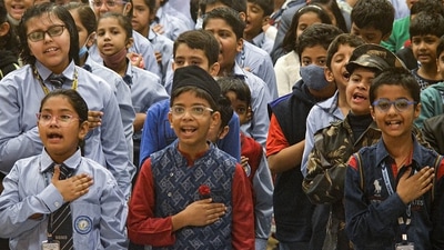 Students from a school in Gurugram pay tribute to India's first prime minister Jawaharlal Nehru on his birth anniversary. (PTI)