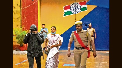 Nalini Sriharan, one of the convicts in the Rajiv Gandhi assassination case, being released from prison, in Vellore, November 12, 2022 (PTI) Nalini Sriharan, one of the convicts in the Rajiv Gandhi assassination case, being released from prison, in Vellore, November 12, 2022 (PTI)
