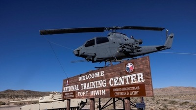 The entrance of the National Training Centre, a U.S. military training area located in the Mojave Desert in Fort Irwin, California, U.S., October 14, 2022. REUTERS/Aude Guerrucci The entrance of the National Training Centre, a U.S. military training area located in the Mojave Desert in Fort Irwin, California, U.S., October 14, 2022. REUTERS/Aude Guerrucci