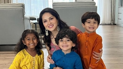 Sunny Leone with her three kids at her home. Sunny Leone with her three kids at her home.
