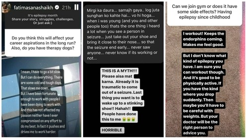 Fatima Sana Shaikh answered various questions related to epilepsy on Instagram. Fatima Sana Shaikh answered various questions related to epilepsy on Instagram.